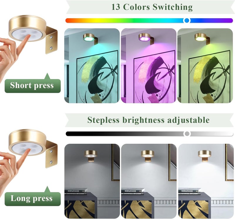 KELUOLY 2-Pack Picture Light Battery Operated Painting Lights, 13 Color RGB Magnetic LED Display Art Light with Remote, Dimmable and Timer Portrait Light for Art Frame Artworking, Wall Decor Puck Light, Gold - Image 5